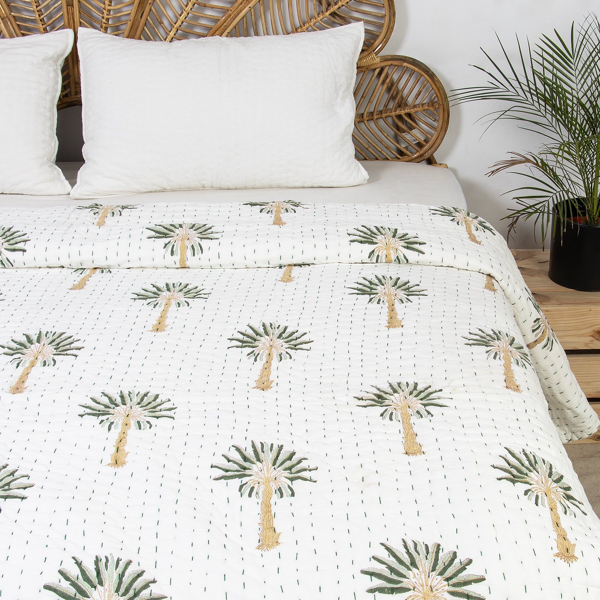 Palm Tree Print Jaipuri Block Print Kantha Quilt